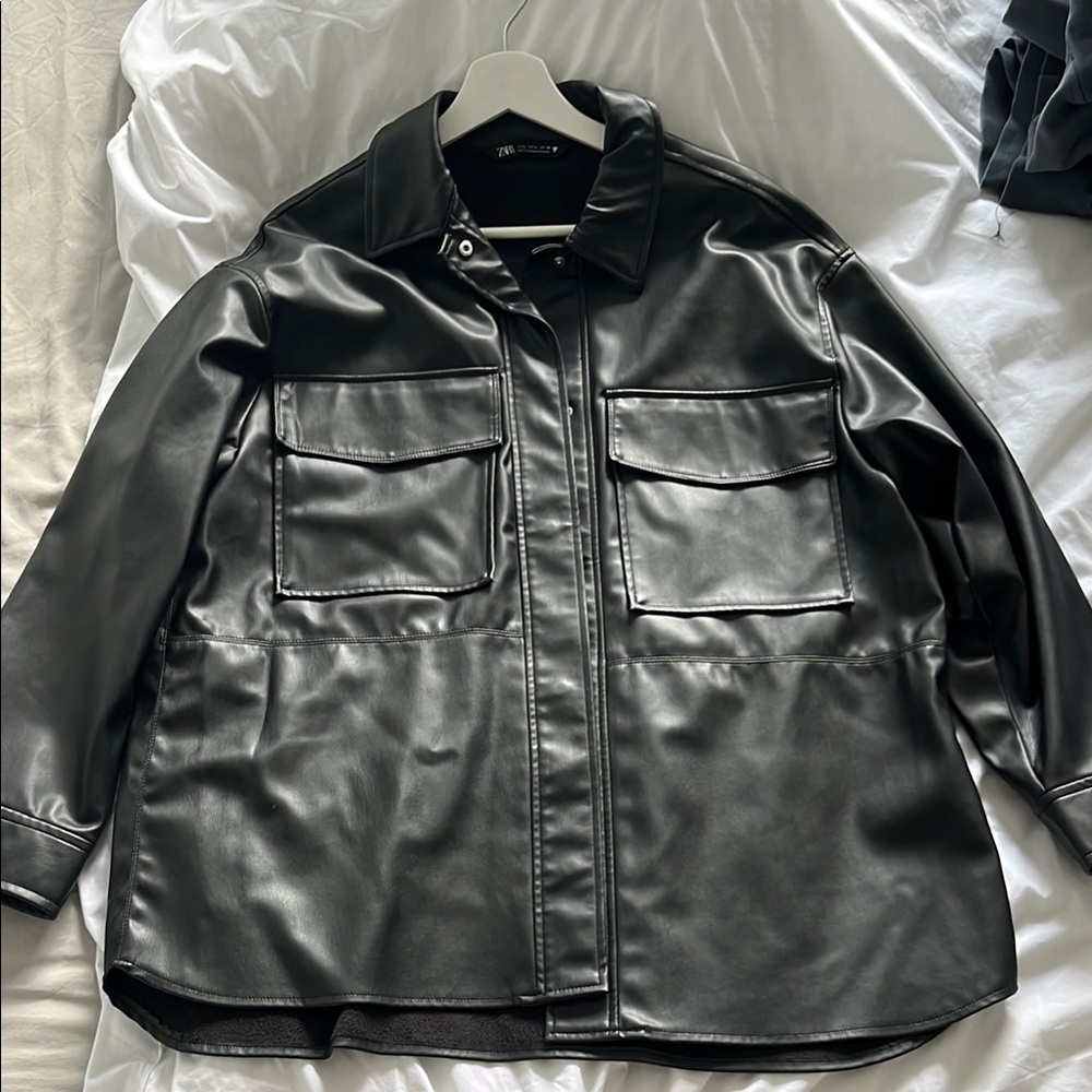 Zara Black Leather Jacket with Relaxed Fit